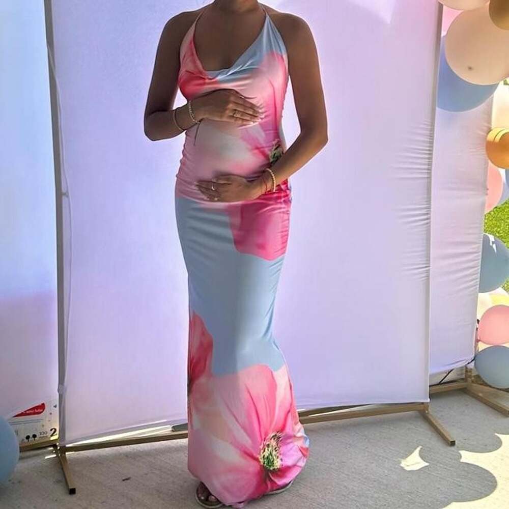 Blue Blush Pink and Blue Floral Halter Maxi Dress